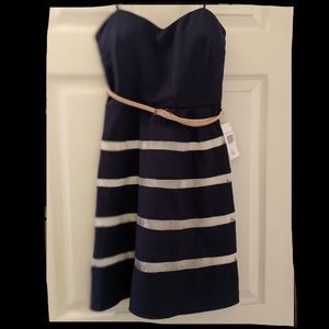 Strapless Navy Blue and Gold Striped Dress (belt)